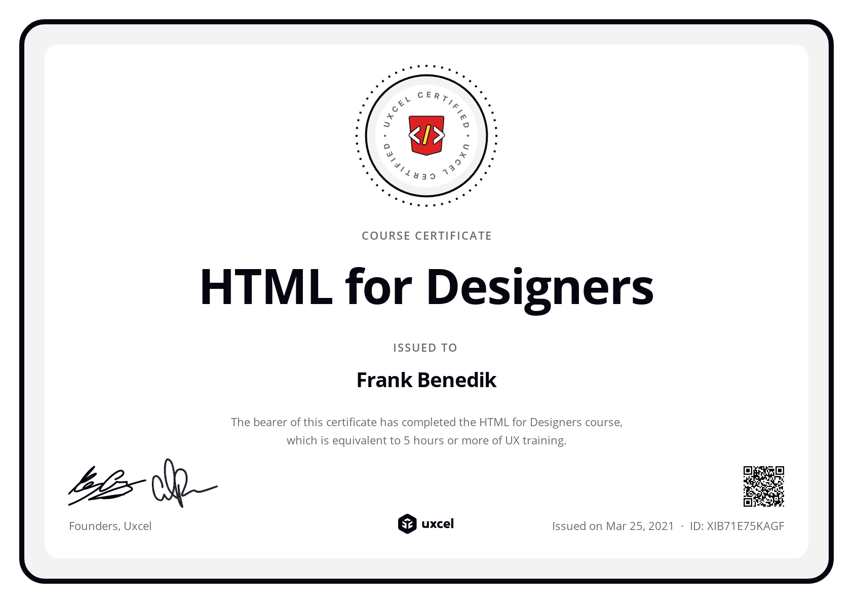 Frank Benedik's certificate